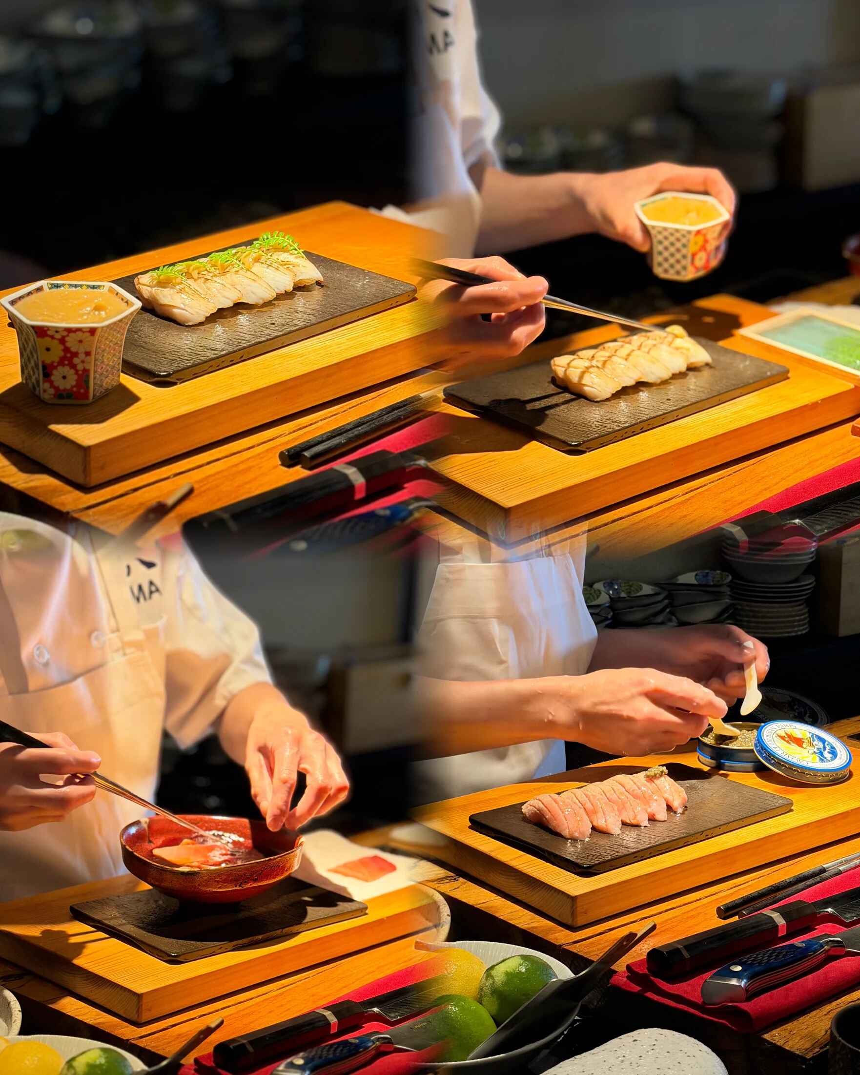 A collage of the chef preparing seasonal courses